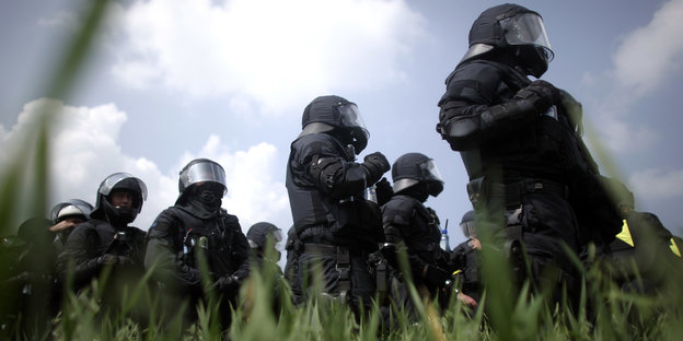 Polizisten in Kampfmontur in tiefem Gras.