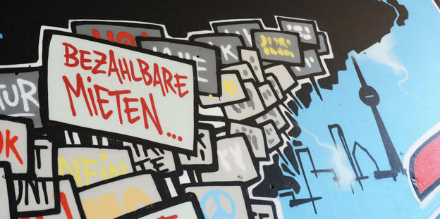 Ein Grafitti fordert "Bezahlbare Mieten"