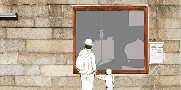 In eine Wand aus Steinquadern ist die Zeichnung eines Fensters montiert, durch das die Umrisse von Möbeln an leeren Wänden zu sehen sind, davor zwei Betrachter.