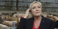 Im Vordergrund Marine Le Pen, im Hintergrund ein Stall