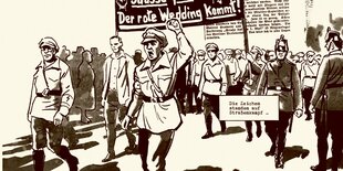 Zeichnung kommunistischer Mai-Demonstranten.