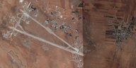 Eine Luftaufnahme eines Flugfeldes, rechts daneben eine Stadt