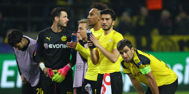 Sechs Spieler des BVB stehen nach der Partie zusammen und blicken auf die Fans