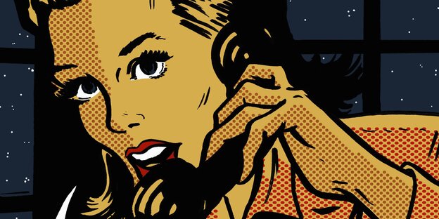 Eine Comiczeichnung einer Frau mit gestresstem Gesichtsausdruck die einen Telefonhörer hält