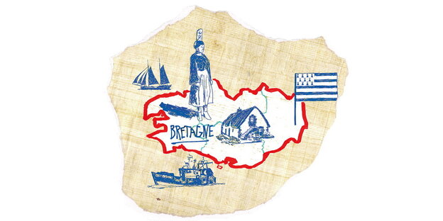 Die Grafik zeigt den Kartenumriss der Betrange, Schiffe, eine Frau und eine Fahne