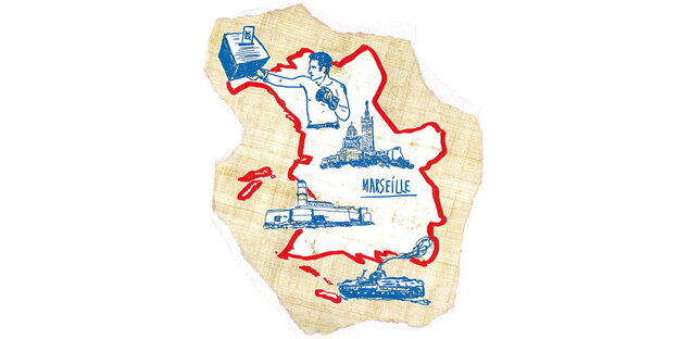 Die Kartenumrisse von Marseille, eine Wahlurne, ein Boxer, ein Schiff und eine Burg Die Kartenumrisse von Marseille, eine Wahlurne, ein Boxer, ein Schiff und eine Burg