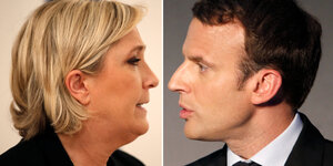 Doppelporträt Le Pen und Macron