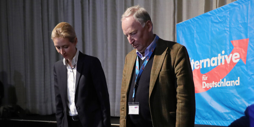 Alice Weidel und Alexander Gauland stehen mit gesenkten Köpfen nebeneinander