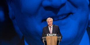 Horst Seehofer am Pult, hinter ihm auf der Leinwand sein Gesicht ganz groß.