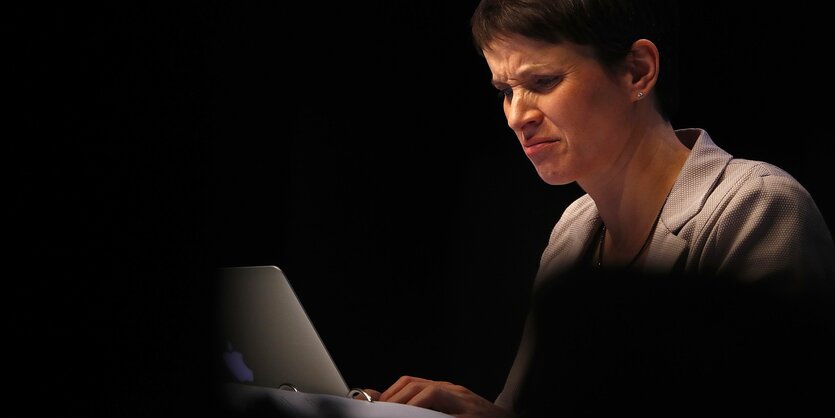 Frauke Petry sitzt vor einem Laptop und zieht eine Grimasse