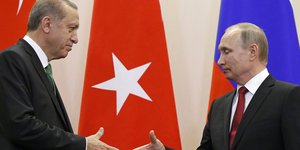 Erdogan und Putin reichen sich vor den Flaggen ihrer Länder steif die Hände