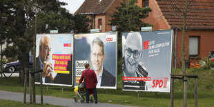 alte Frau vor drei Wahlplakaten an der Straße