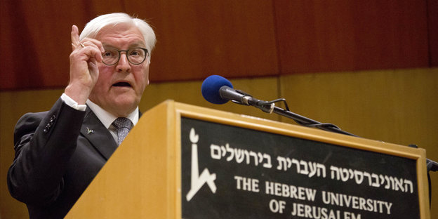 Bundespräsident Frank-Walter Steinmeier bei einer Rede an der Hebrew University of Jerusalem am Sonntag