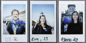 Drei Polaroid-Fotos nebeinander, auf denen ein Mann und zwei Frauen abgebildet sind