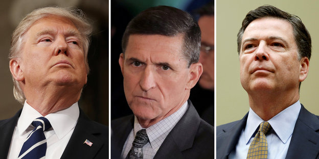 Donald Trump, Michael Flynn und James Comey im Porträt