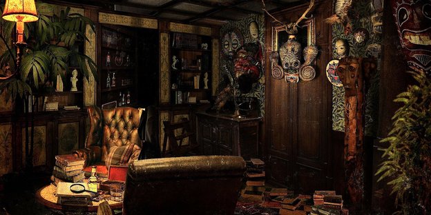 Ein Raum voll mit Ledersesseln, mysteriösen Masken an der Wand, Pflanzen und Bücherregalen Ein Raum voll mit Ledersesseln, mysteriösen Masken an der Wand, Pflanzen und Bücherregalen