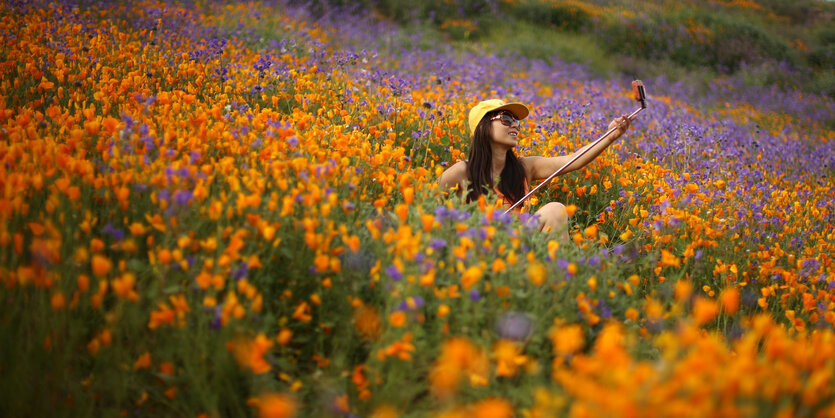 Eine Frau sitzt in einem Blumenfeld und macht mit Hilfe eines Handy-Sticks ein Foto von sich