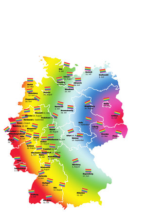 Eine regenbogenfarbene Deutschlandkarte mit allen CSD-Terminen eingetragen