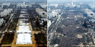 Die Washington Mall mit vielen menschen bei der Amtseinführung Barack Obamas und weniger Menschen bei der Amtseinführung Donald Trumps