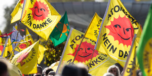 Demonstranten mit "Atomkraft? Nein danke"-Fahnen