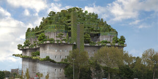 Ein mit viel lauschigem grün bewachsener Hochbunker