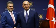 Gabriel und Cavusoglu lächeln in die Kamera, rechts im Bild eine türkische Nationalflagge