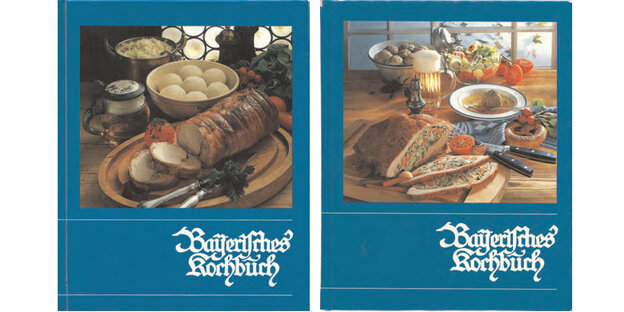 Zwei Buchcover, beide blau mit einem Foto von bayerischem Essen