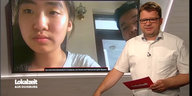 Fernsehsendung, in der ein Moderator via Skype mit einer jungen Frau spricht