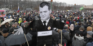 Demonstranten mit Dmitri Medwedjew als Pappfigur