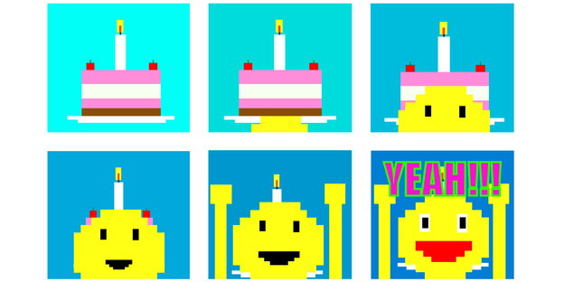 Ein stilisiertes Männchen aus Pixeln mit einem Geburtstagskuchen