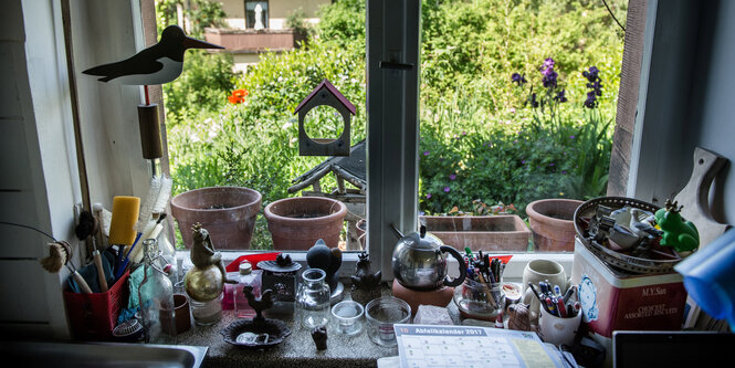 Blick aus einem Küchenfenster auf einen grünen Garten