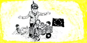 Illustration mit Bundeskanzlerin Angla Merkel mit Pickelhaube, während ihre europäischen Kinder im Bollerwagen sitzen und raufen. Das britische Kind ist aus dem Wagen gefallen.