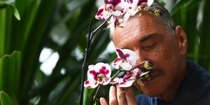 Wolfgang Joop riecht genießerisch an einer weiß-pinken Orchidee
