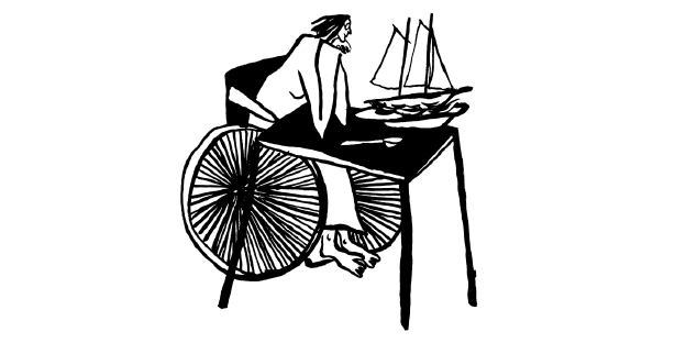 Zeichnung von einem Menschen im Rollstuhl an einem Schreibtisch
