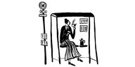 Zeichnung von einer Frau, die an der Bus-Wartestelle Kaffee trinkt