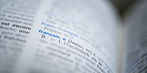 Unscharfes BIld von einem aufgeschlagenen Wörterbuch, nur das Wort „francais“ ist scharf