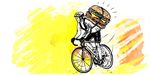 Zeichnung eines Mannes auf einem Fahrrad mit Deliveroo-Rucksack in Form eines Burgers