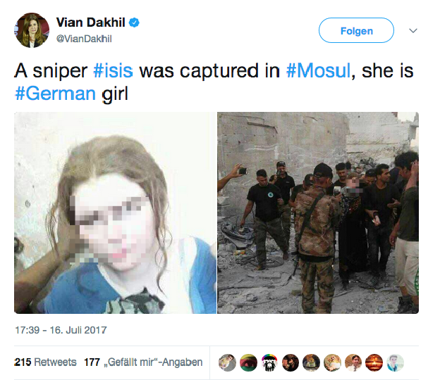 Ein Tweet, der ein altes Foto von Linda W. und ihre Festnahme in Mossul zeigt Ein Tweet, der ein altes Foto von Linda W. und ihre Festnahme in Mossul zeigt