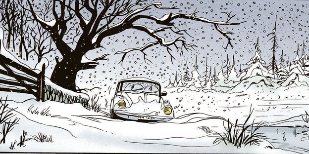 Zeichnung eines VW in einer verschneiten Landschaft