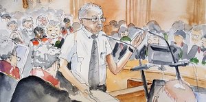 Ein Mann im Gerichtssaal auf einer Gerichtszeichnung
