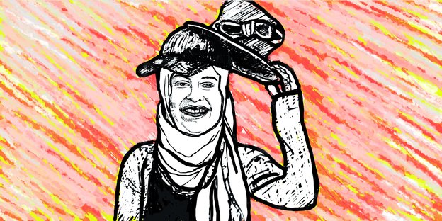 Zeichnung einer Frau mit Schleier und Hüten
