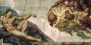 Ein Bild eines nackten Mannes, auf den ein Spaghettimonster zufliegt