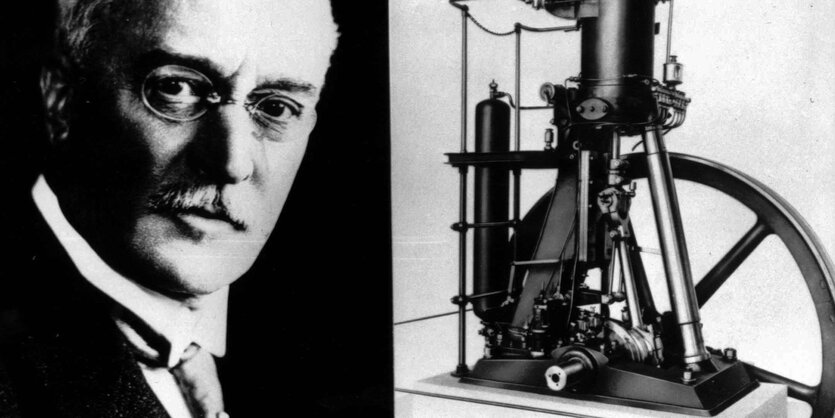 Ein Portrait von Rudolf Diesel und dem ersten Dieselmotor