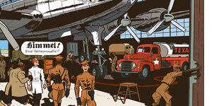 Comiczeichnung von Nazis in einem Hangar vor einem Kampfflugzeug