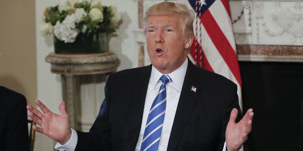 Porträt von Donald Trump mit erhobenen Händen, im Hintergrund sieht man die US-Flagge