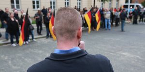Ein Mann steht mit dem Rücken zur Kamera und spricht vor Menschen, die allesamt Deutschlandflaggen halten