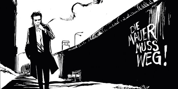 Comicpanel, das den rauchenden Nick Cave neben der Berliner Mauer zeigt