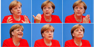 Sechs Fotos von Angela Merkel mit unterschiedlicher Mimik und Gestik