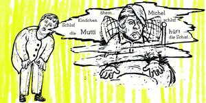 Illustration: Merkel singt „Schlaf Michel schlaf“. Der Michel mit der Zipfelmütze sieht schon ganz müde aus