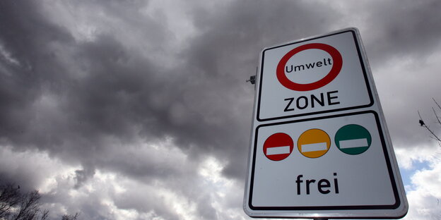 Schilder zeigen Fahr-Einschränkungen in einer Umweltzone an.